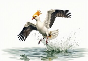 Obraz premium White Bird with Yellow Crest Taking Flight from Water