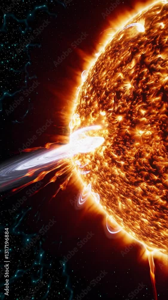 Poster solar eruption. massive stellar explosion releasing plasma streams. orbiting camera capturing dynami