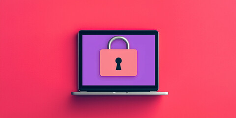 A laptop displays a lock icon on a colorful background, symbolizing cybersecurity and data protection.