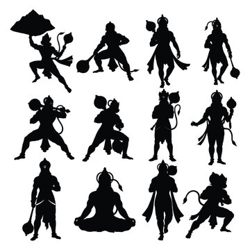 Collection set of  hanuman Silhouette . Jayanti concept. Hanuman ji is "Mahavir." vector image of Lord Hanuman. Silhouette of hanuman ji 
