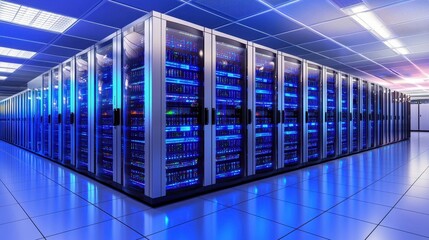 Fototapeta premium Modern Data Center with High-Tech Servers and Blue LED Lighting