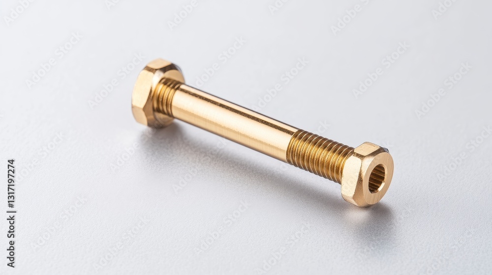 Aufkleber close up of gold colored metal bolt with nuts on a gray background. the bolt is in focus and shows d