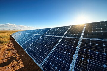 Obraz premium Vast solar panel array in a desert landscape harnesses sunlight for clean energy production.
