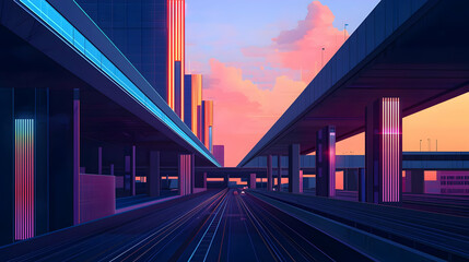 Pixel Art City Highway at Sunset with Neon Lights and Traffic in a Futuristic Metropolis
