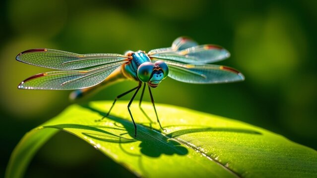 Dragonfly with vibrant colors perched on a leaf showcasing its intricate wing structure and unique face design in natural light