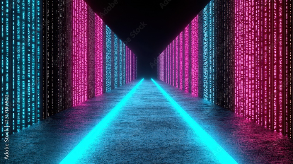 Poster Digital Corridor with Neon Colors and Abstract Data Streams