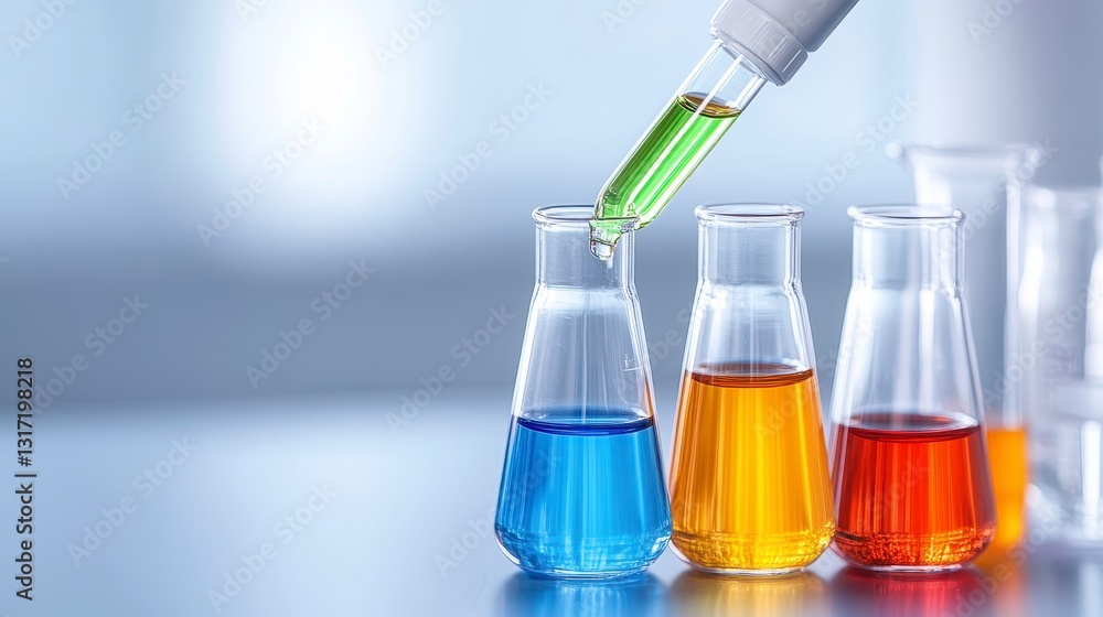 Aufkleber close up view of a laboratory scene featuring colorful liquids in erlenmeyer flasks. a pipette dispe