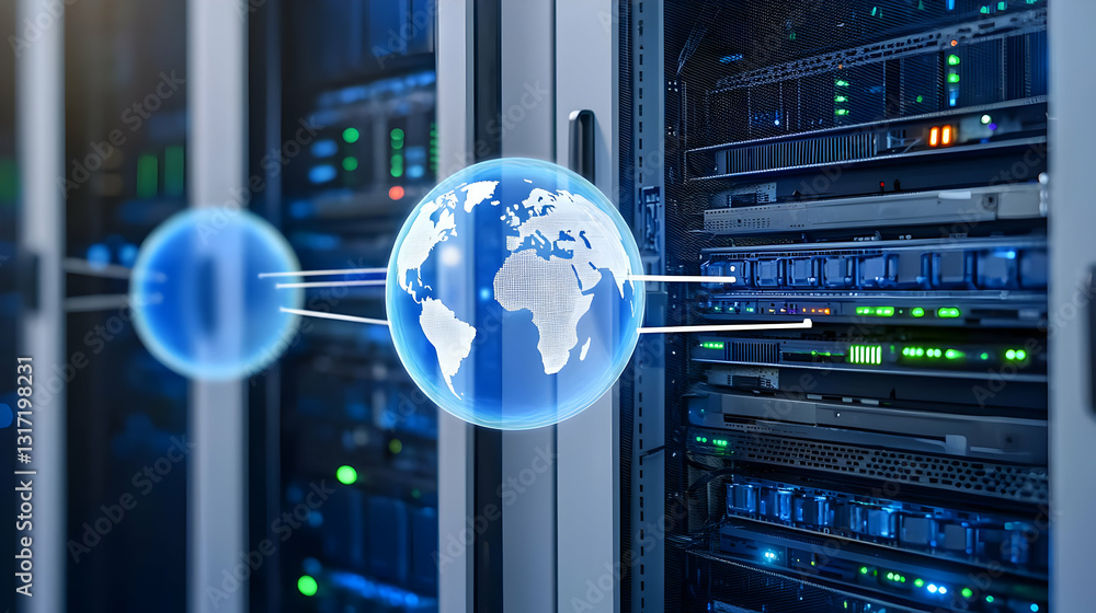 Poster global network connectivity visualization with futuristic blue globe in modern data center server ro