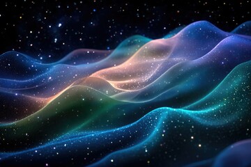 Abstract cosmic landscape with glittering waves and starry night sky.
