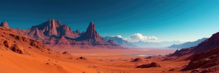 Naklejka premium Majestic, orange-hued mountains pierce the Martian sky against a deep blue backdrop, blue, bacground