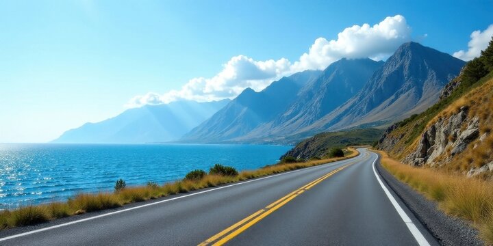 Asphalt ribbon unwinding along a scenic coastal route, flanked by majestic mountains and a tranquil ocean under a vibrant sky