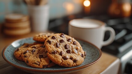 Chocolate chip cookies on a plate with milk