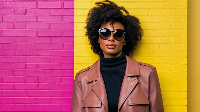 Bigender Individual in Stylish Outfit Posing Against Vibrant Pink and Yellow Background in Modern Fashion Setting