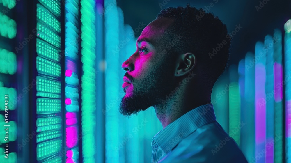 Poster profile of a man analyzing data in a high-tech environment