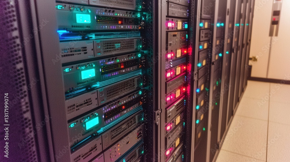 Aufkleber servers inside data center with colorful lights and technology