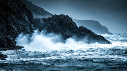 Fototapeta premium Dramatic Ocean Waves Crashing on Rocky Coastline