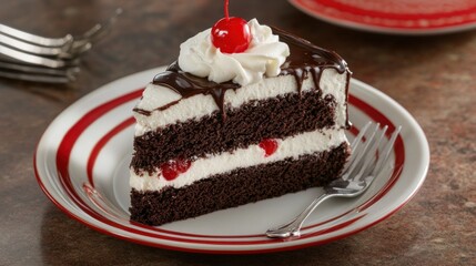 Delicious Chocolate Cake Slice with Cherry Topping