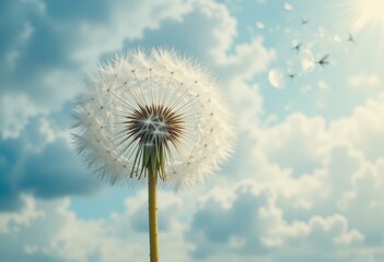 Fototapeta premium Whimsical Dandelion Flower Concept Fluffy Seeds Blowing Soft Blue Sky White Clouds - Spring Nature, Hope, Wishes Seasonal Marketing Campaigns