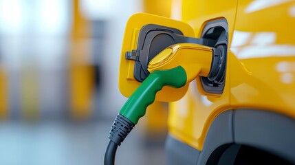 Close up of a green and yellow electric vehicle charging cable plugged into a yellow car's charging port. The background is blurred