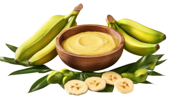 A beautifully arranged banana batter in a wooden bowl, with green bananas and fresh banana slices placed around, isolated on transparent background with space for adding descriptive text."