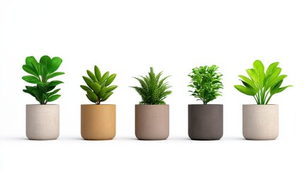 Fototapeta premium Five potted plants in various colors and textures, arranged in a row against a white background. The pots are cylindrical and made of speckled