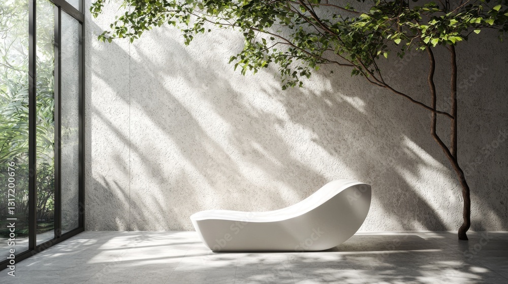 Poster a 3d-rendered white podium in a minimalist setting, surrounded by abstract geometric forms and soft 