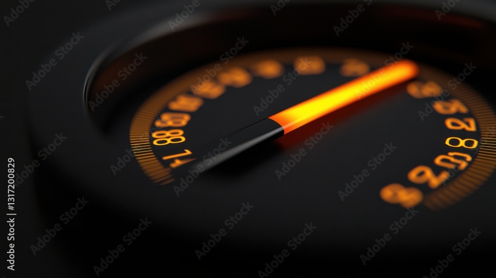 Poster close-up of analog gauge with orange indicator on black background