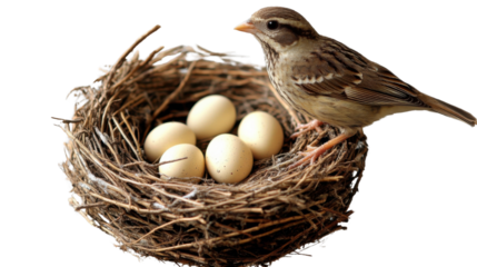 "A bird arranging its nest with small twigs and soft materials, isolated on transparent background, preparing to lay its eggs.