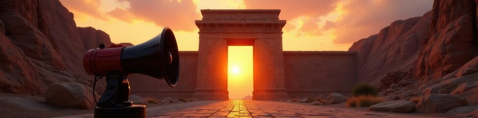 Fototapeta premium Megaphone positioned in front of ancient temple gates at sunset, grandiose, gate