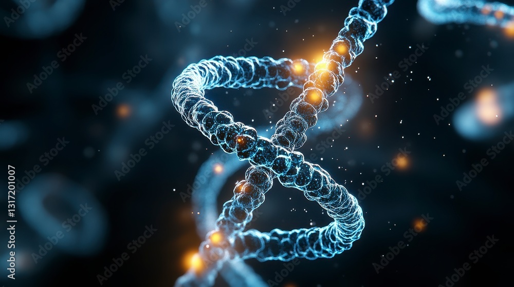 Aufkleber abstract 3d rendering of a dna double helix structure glowing blue and orange against a dark backgro