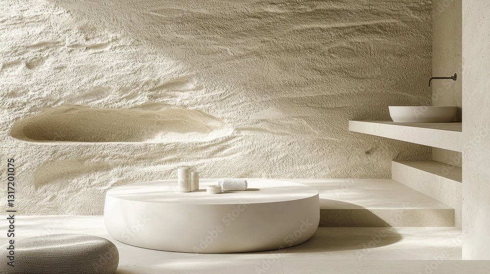 Aufkleber a 3d-rendered white podium in a minimalist setting, surrounded by abstract geometric forms and soft 