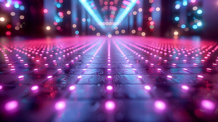 Obraz premium Neon Lights Reflective Floor with Colorful Bokeh Effects