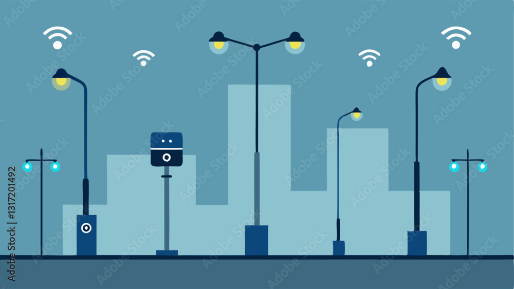 Poster smart streetlights a series of streetlights equipped with motion sensors and cameras processing data