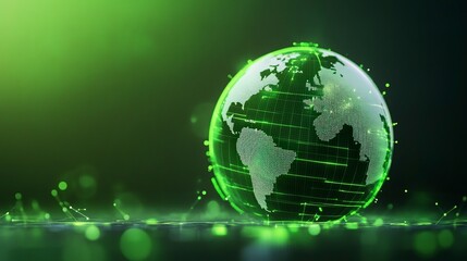 Abstract glowing green digital globe on dark background. Global network connection concept. Futuristic technology illustration