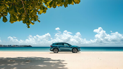 Turquoise SUV Parked On A White Sand Beach Under A Leafy Tree With A View Of The Ocean And Blue Sky With Clouds