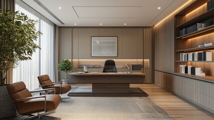 Modern Executive Office Interior Design, Luxury Workspace with Wooden Furnishings and Natural Light