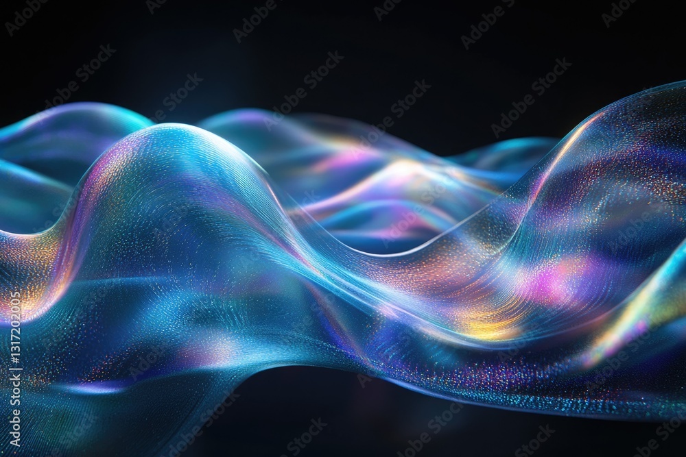 Poster abstract iridescent waves flow dynamically, showcasing vibrant colors and textures in a dark backgro