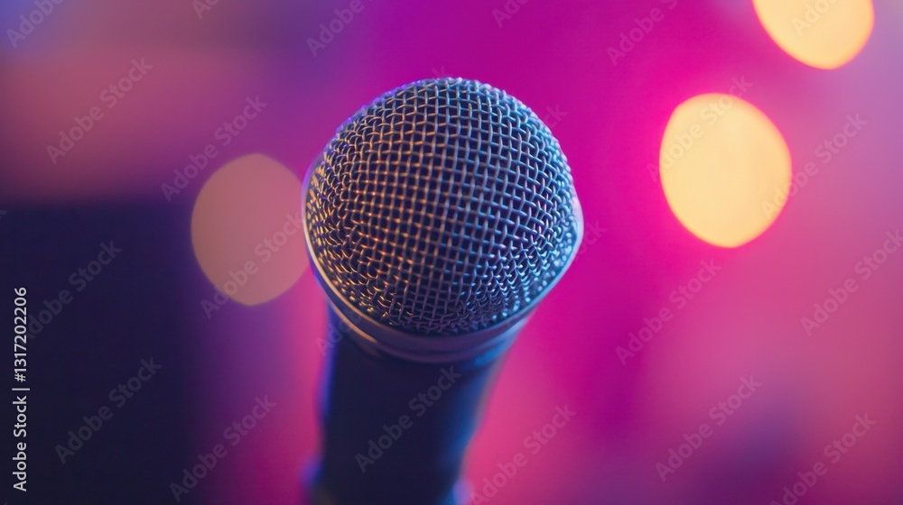 Poster close-up of a microphone displaying a colorful background blur