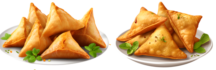 Tasty fried samosas served on a plate with herbs traditional snack on transparent background