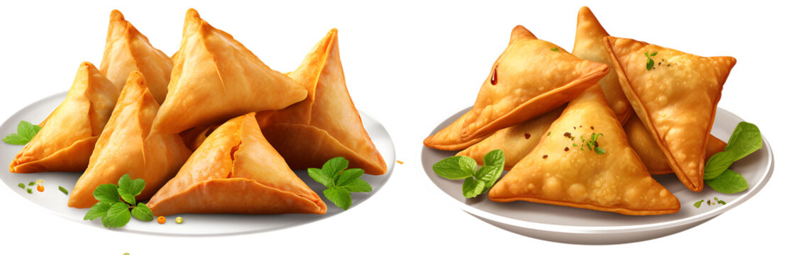 Tasty fried samosas served on a plate with herbs traditional snack on transparent background