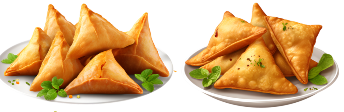 Tasty fried samosas served on a plate with herbs traditional snack on transparent background