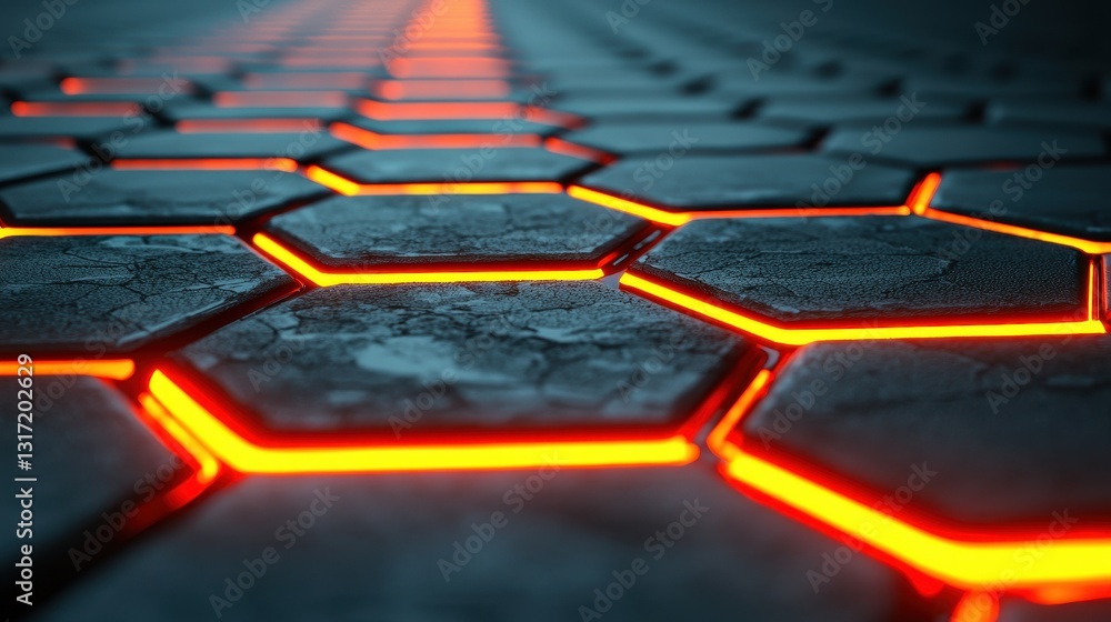 Poster hexagonal tile pattern with glowing orange edges and dark surface