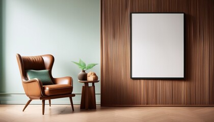 Fototapeta premium Generated image Classic armchair near paneling wall with empty poster frame with copy space. Home interior