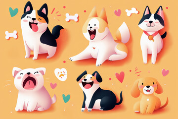 A charming set of cartoon-style illustrated dogs expressing different emotions, surrounded by playful elements like hearts, bones, and cheerful expressions.