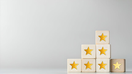 Ascending Wooden Blocks With Gold Stars Symbolizing Quality Rating Level Four Out Of Five Stars On Clean White Background