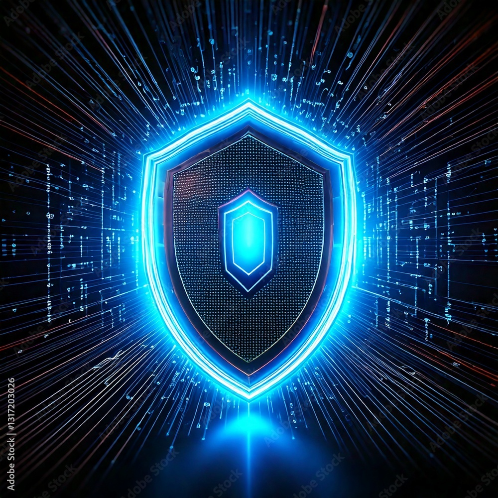 Aufkleber cybersecurity concept: a glowing ai shield protecting digital data, with binary code in the backgrou