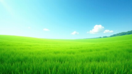 Obraz premium Serene Meadow Landscape Under a Bright Sunny Sky with Puffy Clouds and Distant Trees