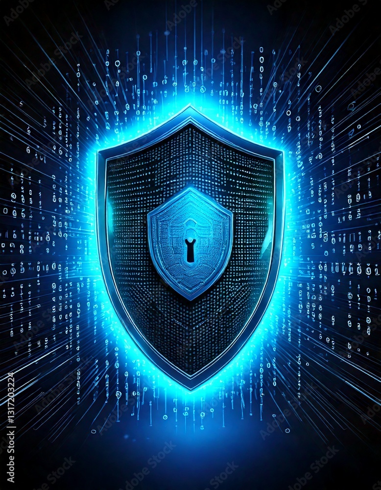 Poster cybersecurity concept: a glowing ai shield protecting digital data, with binary code in the backgrou