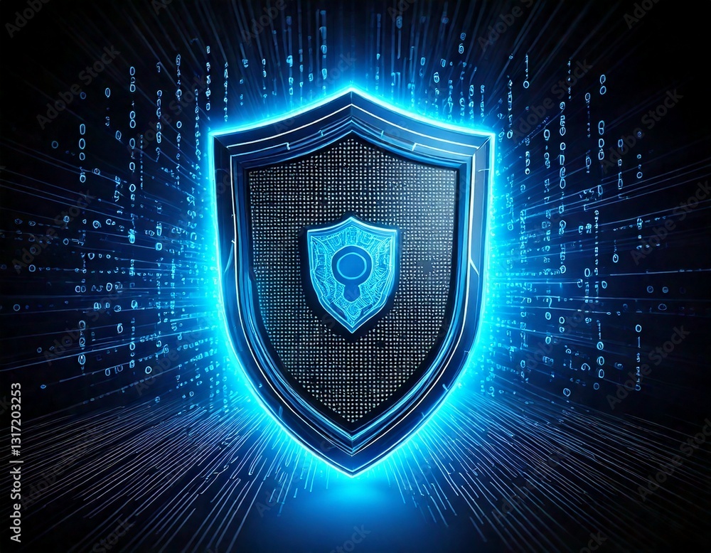 Poster cybersecurity concept: a glowing ai shield protecting digital data, with binary code in the backgrou