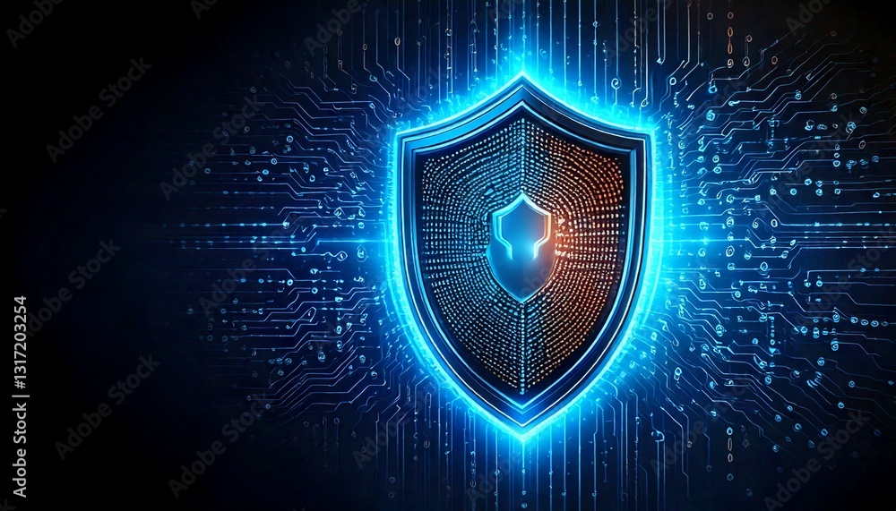 Fototapete cybersecurity concept: a glowing ai shield protecting digital data, with binary code in the backgrou
